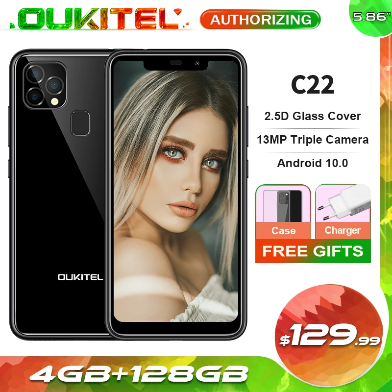 Смартфон OUKITEL C22 4 + 128 ГБ Android 10 0 MT6761 4-ядерный 2.5D стеклянный чехол тройная камера 13