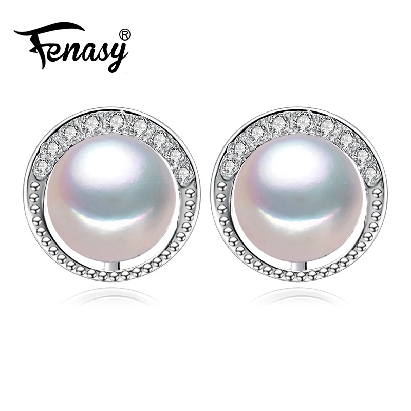 

FENASY 925 Sterling Silver Stud Earrings Natural Freshwater Pearl Earrings For Women Classic Simple Round Design Earrings