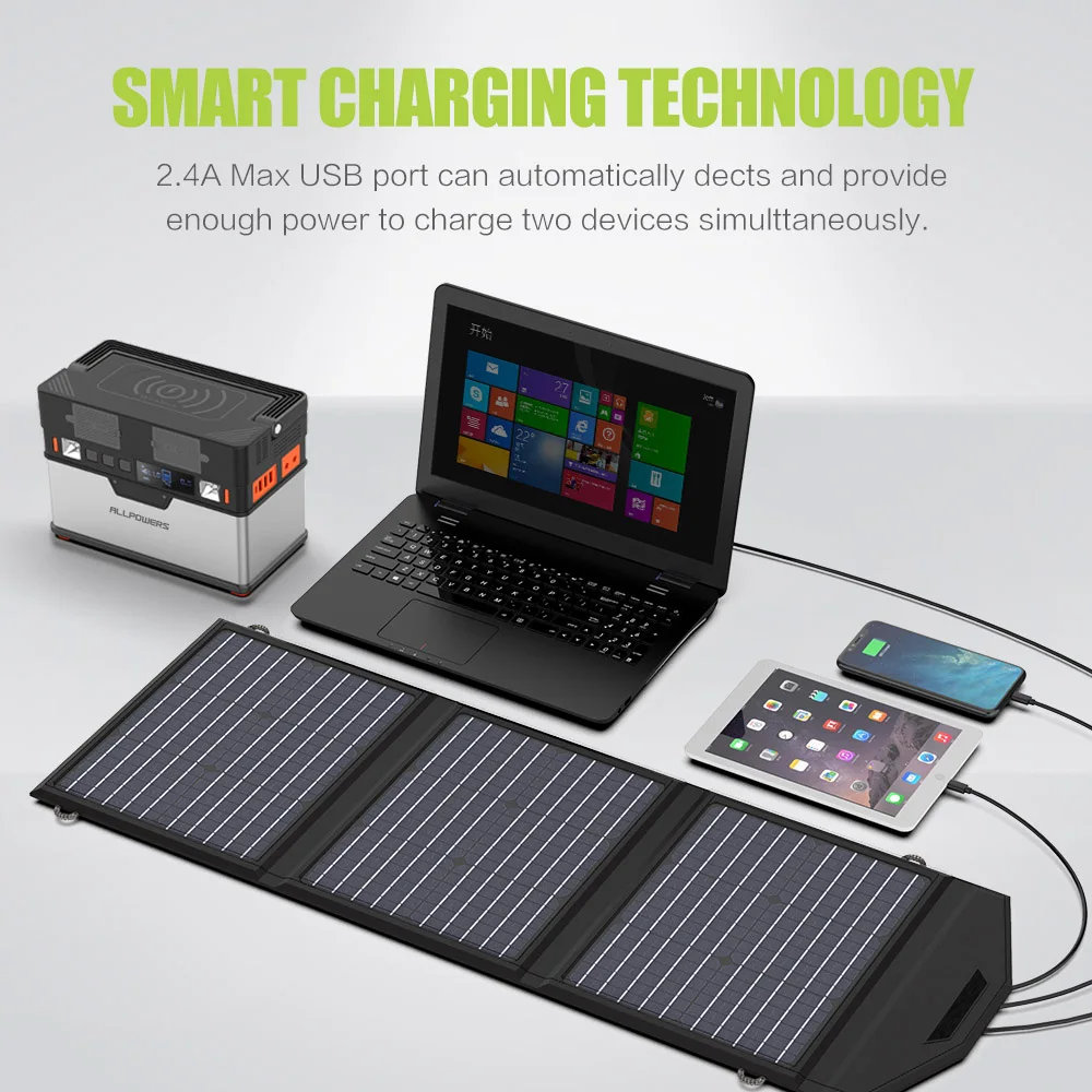 ALLPOWERS новейшее солнечное зарядное устройство 60 Вт складное портативное солнечное зарядное устройство для ноутбуков сотовые телефоны, планшеты портативный генератор