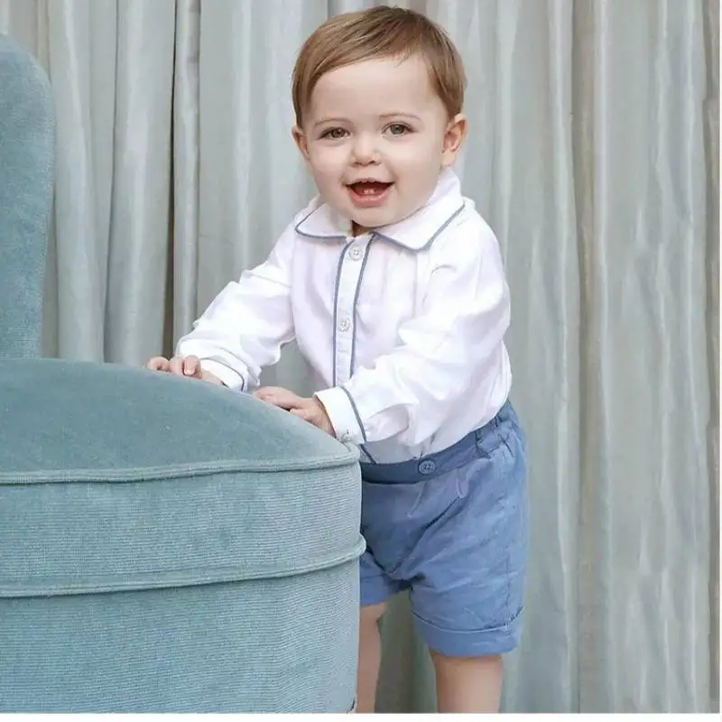 2020 детский белый топ с отложным воротником рубашка на пуговицах и синяя короткая