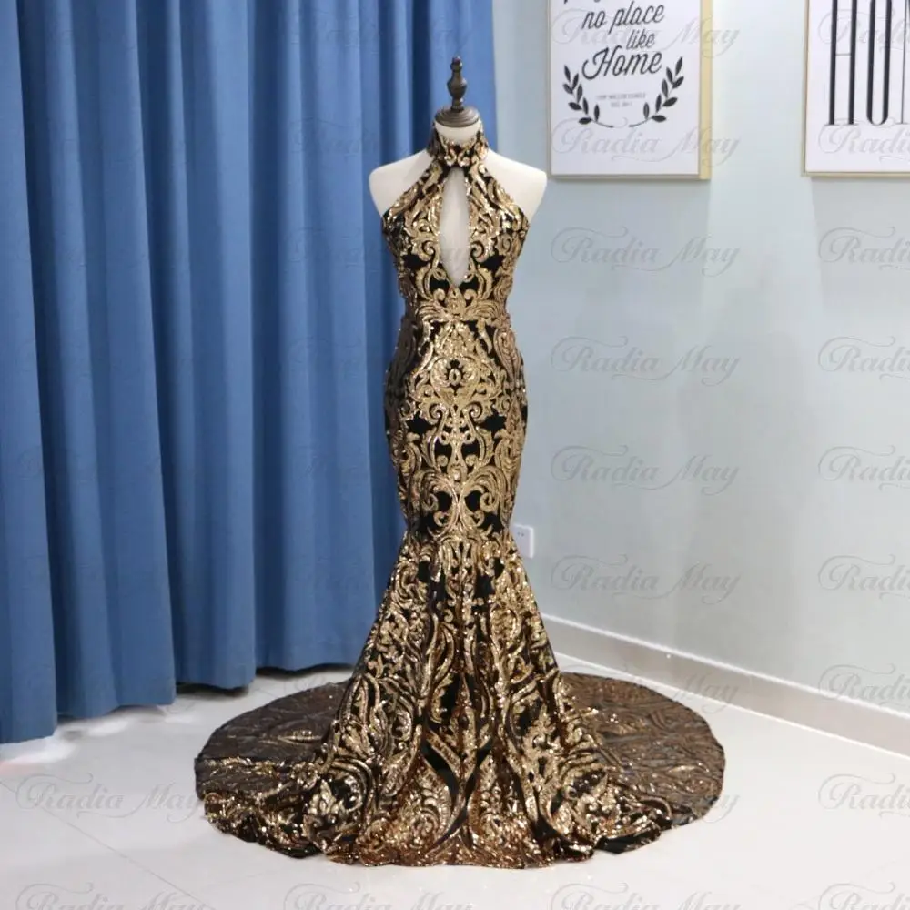 black and gold Со сверкающими блестками Русалка Золотые платья на выпускной 2K20 обувь в африканском стиле; пикантная обувь с открытой спиной с высокой горловиной Замочная скважина со шлейфом средней длины Черный платья на выпускной для девушек - Цвет: black and gold