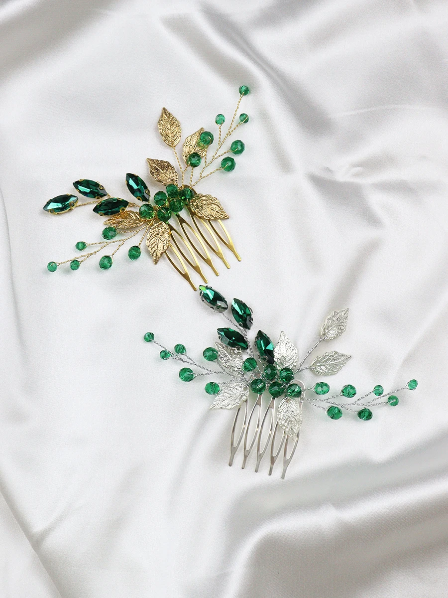 Vintage Golden Bridal Hair Comb Green Rhinestone Handmade Hair Jewelry Women Hairpieces Crystal Wedding Accessories Clips