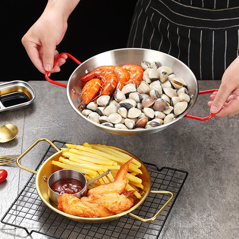 20-34cm Spanish Paella Cooking Pot Stainless Steel Seafood Frying Pan  Double Handle Tableware Snack Plate Kitchen Tool Food Tray