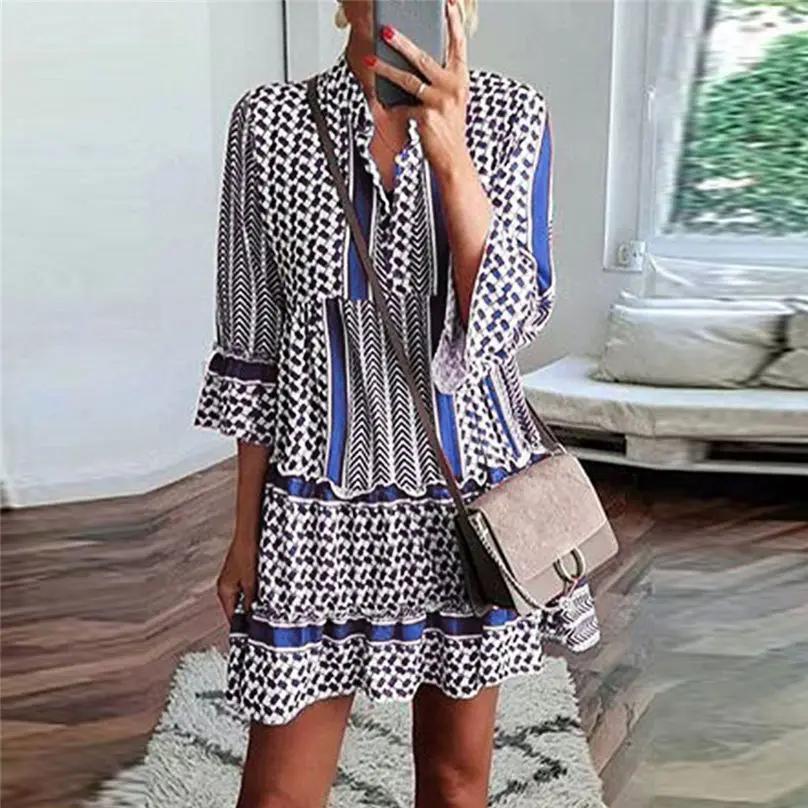 New Fashion Women Casual Autumn Dress 2019 Patchwork Three Quarter Sleeve Ruffles Party Mini Dress платье vestidos 3Y30 (10)