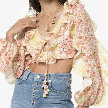 

2020 New Arrival Women 2 Pieces Set Sexy Flower Top Blouse and Shorts Holiday and Vocation Ruffled Style Two Piece Set Shorts