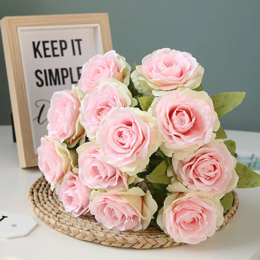1 шт. 12 цветочных головок Свадебные розы Букет декоративная ваза искусственный цветок ветка растение Шелковый цветок для декора дня рождения
