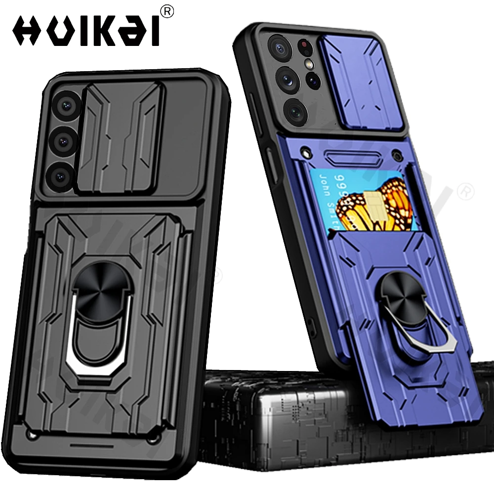 Slide Camera Lens Case For Samsung S22 Ultra S21 Ultra S21 FE S20 Plus Note 20 Ultra A72 A52 A53 A33 Detachable Card Holder Case
