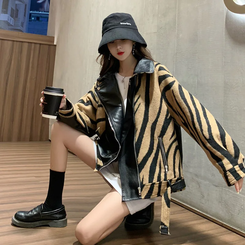 

New Korean style loose wild zebra pattern winter fried street woolen long-sleeved jacket