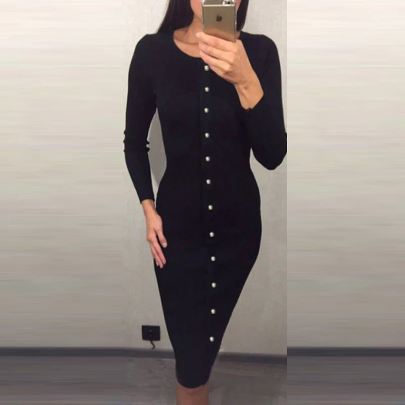 LX062 Black Модное женское сексуальное облегающее платье, осенне-зимнее трикотажное платье миди, однотонная посылка, платья с длинным рукавом, Ribeed вечерние платья - Цвет: LX062 Black