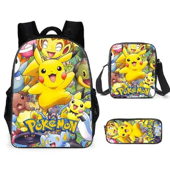 

16 inch Anime Pokemon 3 Pcs Set School Backpack Children School Bags Pikachu Printing bag for Kids Mochilas