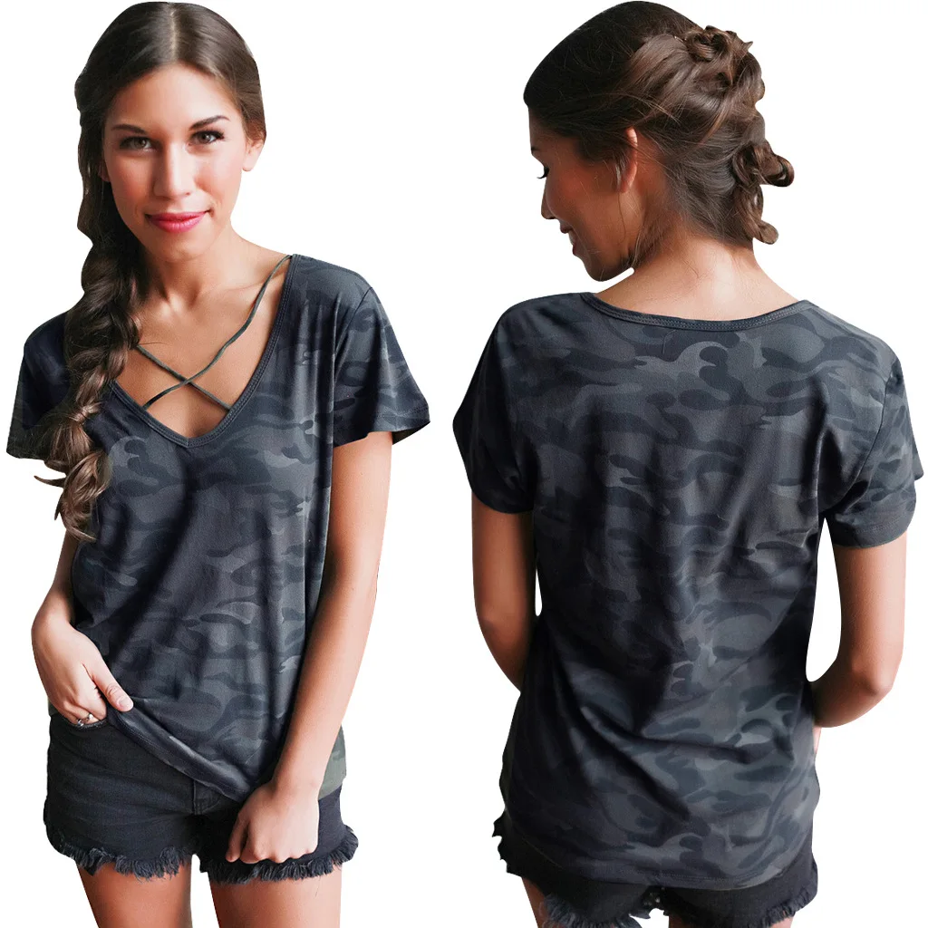 2020 New Style Cotton V-neck Loose Spring and Summer T-shirt Casual Camouflage Short-sleeved Fashion Women | Женская одежда