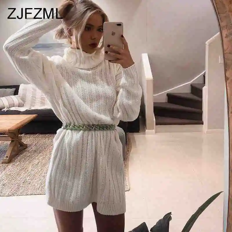 

Knitting Long Sweaters Dress for Women Striped Side Split Loose Turtleneck Pullover Autumn Winter 2019 White Over Size Sweaters