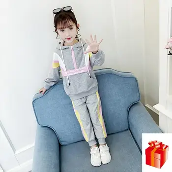

Teenage Girls' Suit 2020 Spring New Hooded Sweater Stitching Two-piece Fashion Sports Suit Beautiful Baby Girl Clothes 3-11 Year