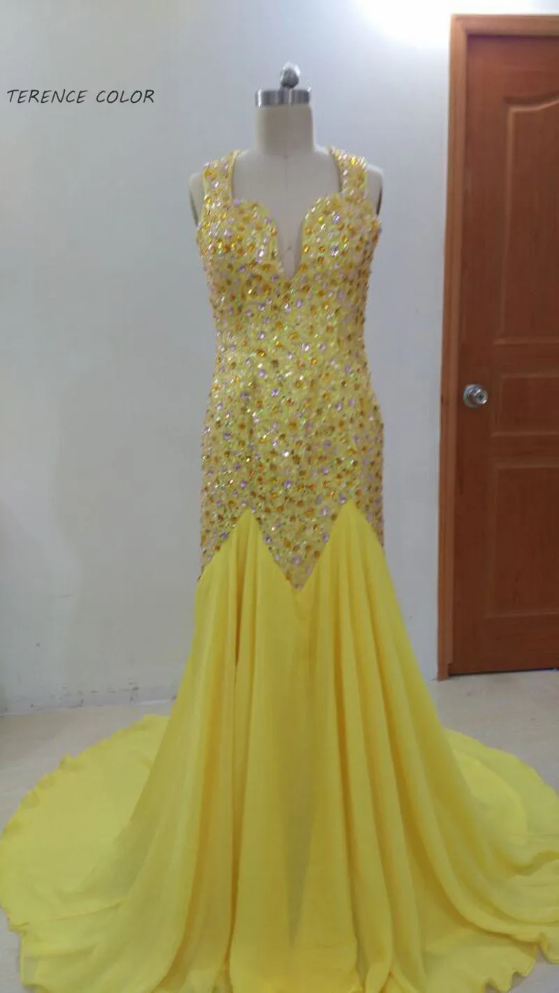Vestido Baile Latino Mujer к требованиям заказчика; сверкающие; украшенные бисером Короткие рукава ручка задняя желтый выпускное платье Модное шифоновое, платье-Русалка Вечерние платья - Цвет: as picture