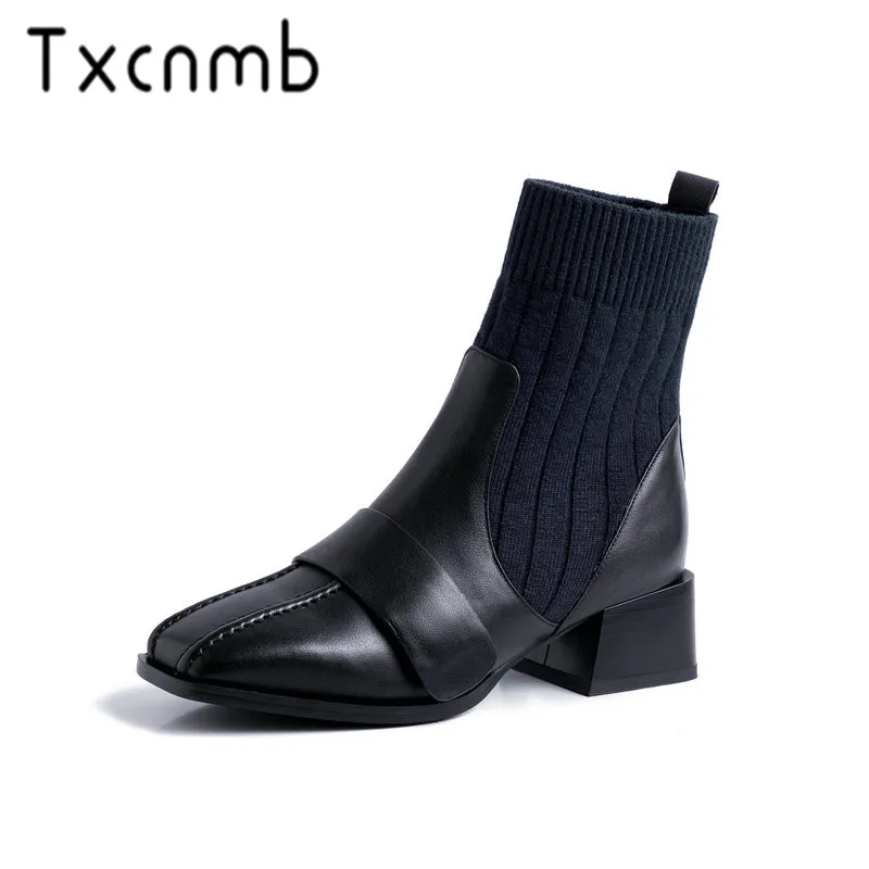 

TXCNMB 2019 Boots Women Ankle Boots for Women Winter Genuine Leather High Heel Shoes Woman Knitting Shoes