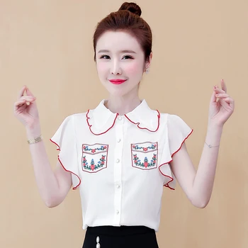 

COIGARSAM Short Sleeve Shirt Womens tops New Summer Embroidery Chiffon Women shirts 8720