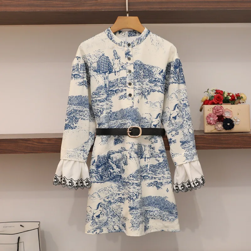 

2019 Retro Landscape Printing Long Sleeve Dress Women Flare Sleeve Print Sexy Dress Women