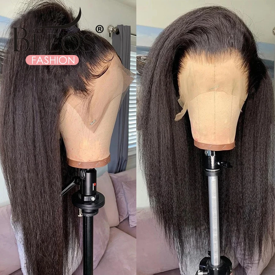 Pelucas de cabello humano brasileño Remy para mujeres, Pelo Rizado recto con encaje frontal 13x6, Parte profunda, prearrancado, transparente, Yaki