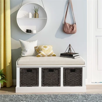 

Rustic Storage Bench with 3 Removable Basket Home Bedroom Entryway Bench with Removable Cushion