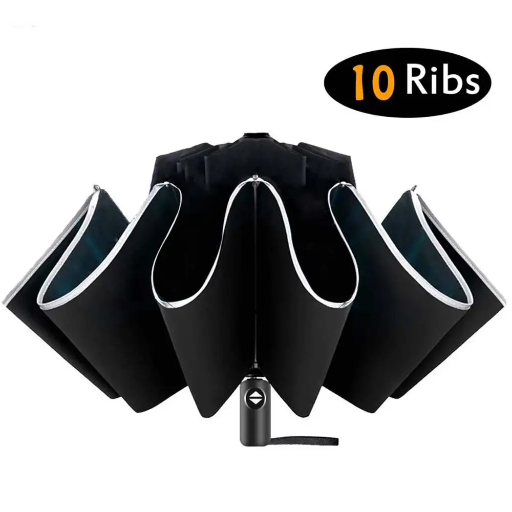 Portable Folding Umbrella Reflective Windproof Auto for Night-Safety 10ribs Stripes