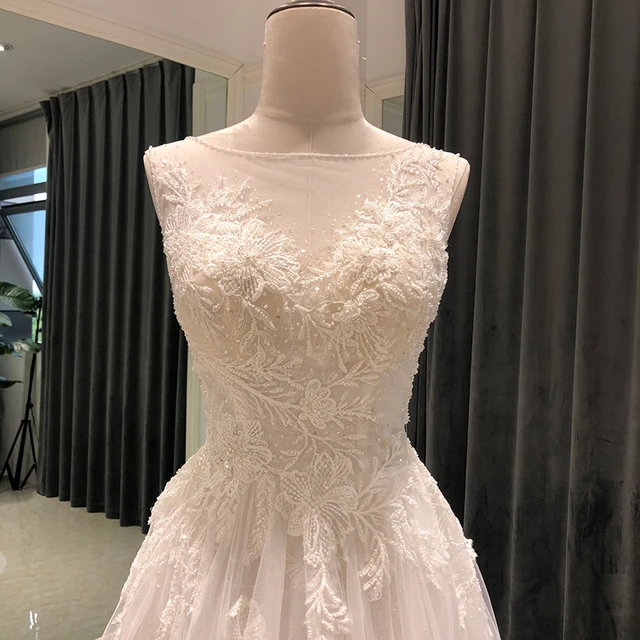 SL-7106 new design wedding dresses without sleeve 2021 beads lace illusion neck bridal wedding dress tulle vintage bride gown 6