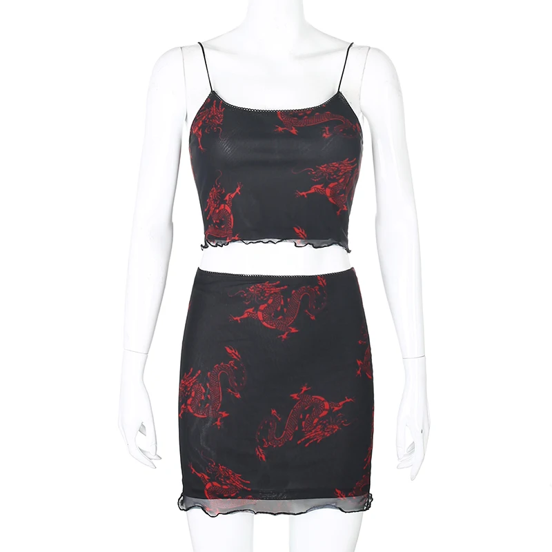 Darlingaga Chinese Style Dragon Print Summer Two Piece Set Women Mesh Sexy Matching Sets Strap Crop Top and Mini Skirt Suit 2020