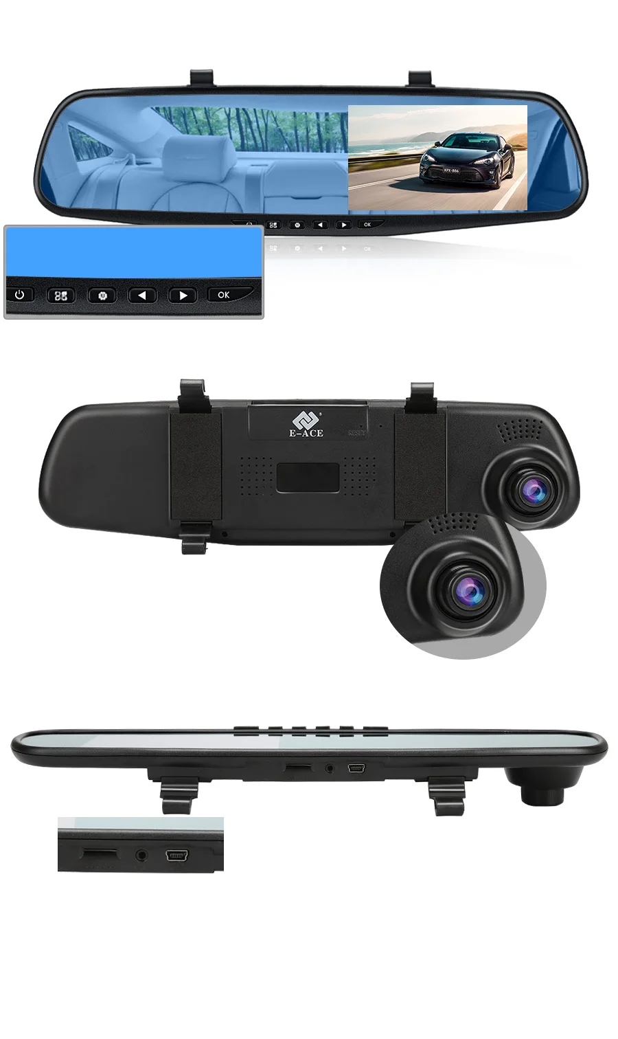E-ACE Автомобильная Dvr камера FHD 1080P Dash Cam 4,3 дюймов зеркало заднего вида видео регистратор с камерой заднего вида видеокамера Авто Регистратор