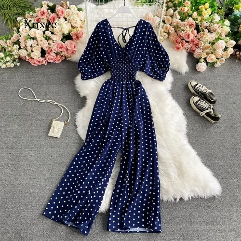 

Summer Women's Sexy Polka Dot Jumpsuit Elegant V-Neck Puff Sleeve Short Sleeve High Waist Jumpsuit Loose Wide Leg Jumpsuit