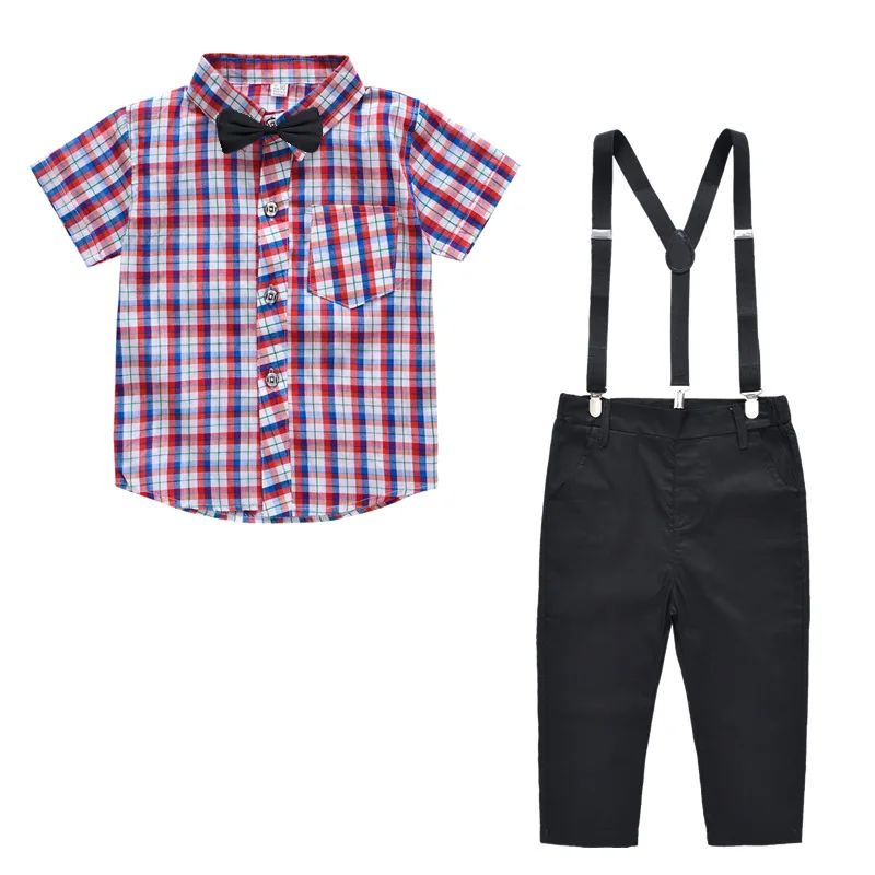 Boys Gentleman Set 2pcs to Send Bow Tie Costume Summer New England Style Cotton Short Sleeve Plaid Shirt Overalls Pants Trousers |