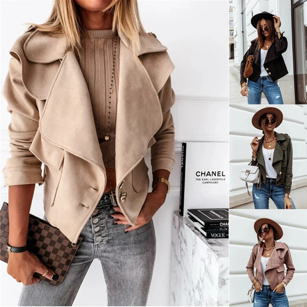 

Ladies Jacket Temperament Fashion Office Wear Autumn And Winter Solid Color Long Sleeved Lapel Deerskin Velvet Button Jacket
