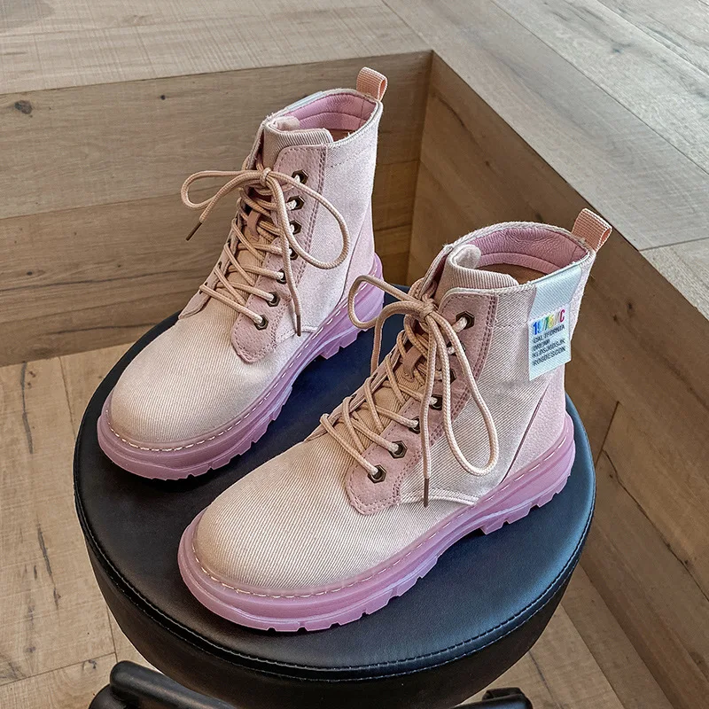 Boots Female Women Shoes Ankle Platform 2020 Autumn Winter British Wind Leather Thick With Short Boots Motorcycle Martin Shoes