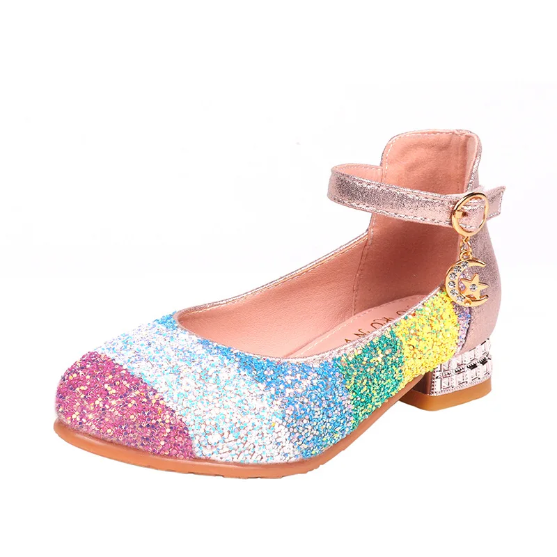 

Round Head Soft Bottom Big Boy Princess Shoes Show Dance Girls Single Shoes Rainbow Children's Crystal Heel Kids Shoe for Girl