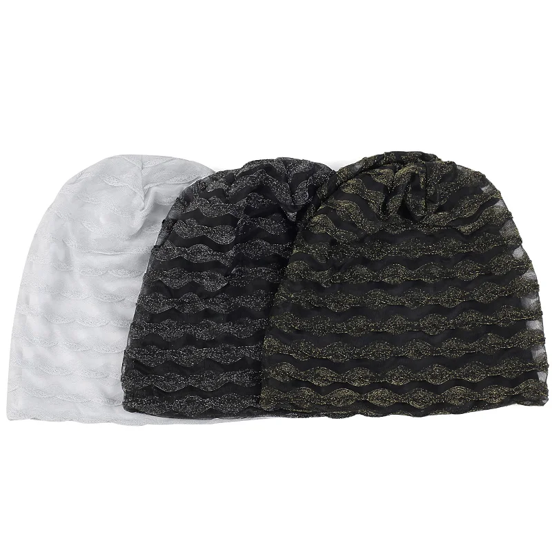 Женские кружевные золотистые и Серебристые шапочки Skullies Beanies с волнистым узором
