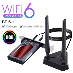 Adaptateur double bande Wi Fi 6 Intel AX200, 3000 mb/s, PCIe, carte réseau sans fil, Bluetooth 5.1, 802 ac/ax, 2.4G, 5G, rvb, pour ordinateur de bureau 