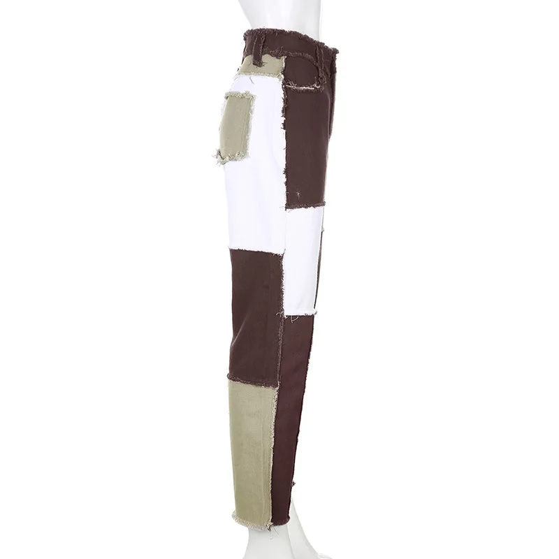 SIDDONS Jeans For Women Fashion Patchwork Jeans Baggy Pants Women Streetwear Cargo Pants High Waisted Denim Straight Trousers