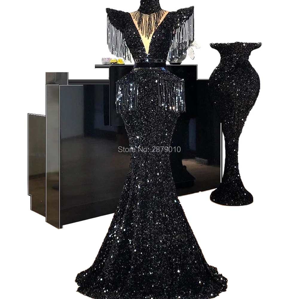 Brilliant V-Neck Black Evening Dress Mermaid Floor-Length Formal Prom Sequins Robe De Soiree Arabic Kaftans Glitter | Свадьбы и