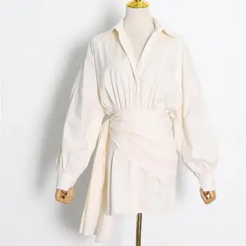 

Women Dress White Cotton Shirt Dresses Women Asymmetry Lantern Sleeve Vintage Short Dresses Woman 2020 Autumn Clothing V504