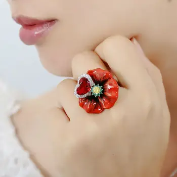 

Buyee 100% 925 Sterling Silver Red Rings Women 8mm Big Stone and Red Enamel Flower Ring for Women Fashion Party Wedding Jewelery