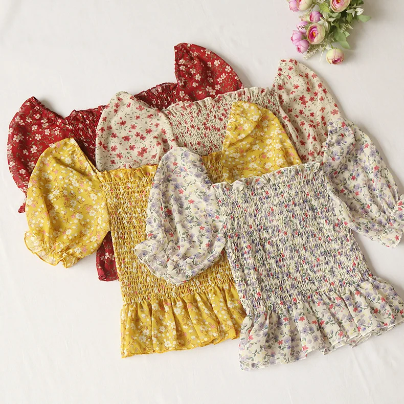 

MosiMolly Floral Print Chiffon Blouses Shirt Square Neck Ruffle Cropped Shirt Tops Female Blusas Shirred Tops Shirt 2020 Summer