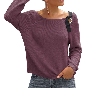 

Women's Off-the-shoulder Round Neck Lace-up Pullover Short Knit Purple Sweater Bare Shoulders 2019 Fashion