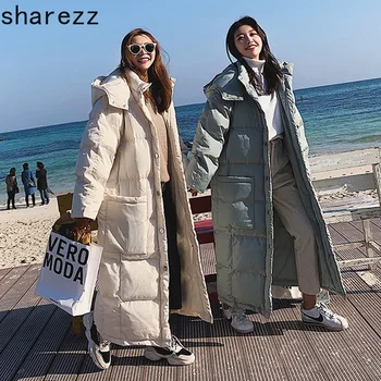 

Winter Long Down Cotton Jacket Coat Parka Loose Thicken Warm Coat Hooded Solid Down Jackets Women Parka Loose Snowwear Padded