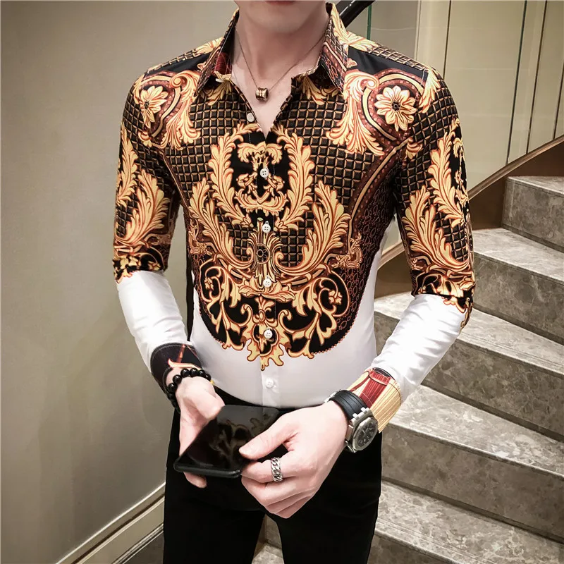Черная, Золотая рубашка барокко для мужчин, приталенная рубашка, Camisas Para Hombre, с узором пейсли, мужская рубашка, мужская рубашка с длинным рукавом