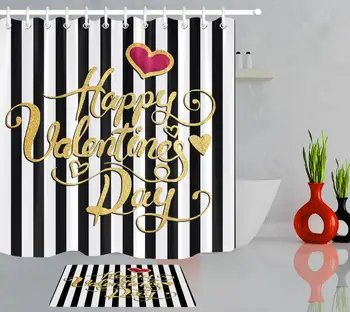 

Happy Valentine's Day Shower Curtain Striped Black and White Bathroom Curtains Waterproof Polyester Fabric with Hooks