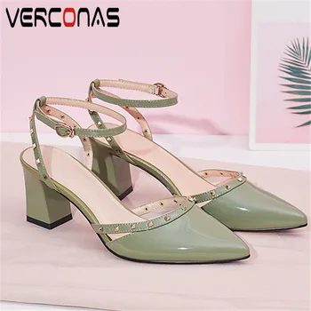 

VERCONAS Summer 2020 Women Sandals Patent Leather Woman Pumps Metal Decoration Concise Pointed Square Square Heeled Shoes Woman