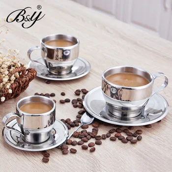 

European Tea Coffee Cup and Saucer Set Textured Stainless Steel Tea Cup Modern Design Creative Canecas Home Drinkware AB50BD