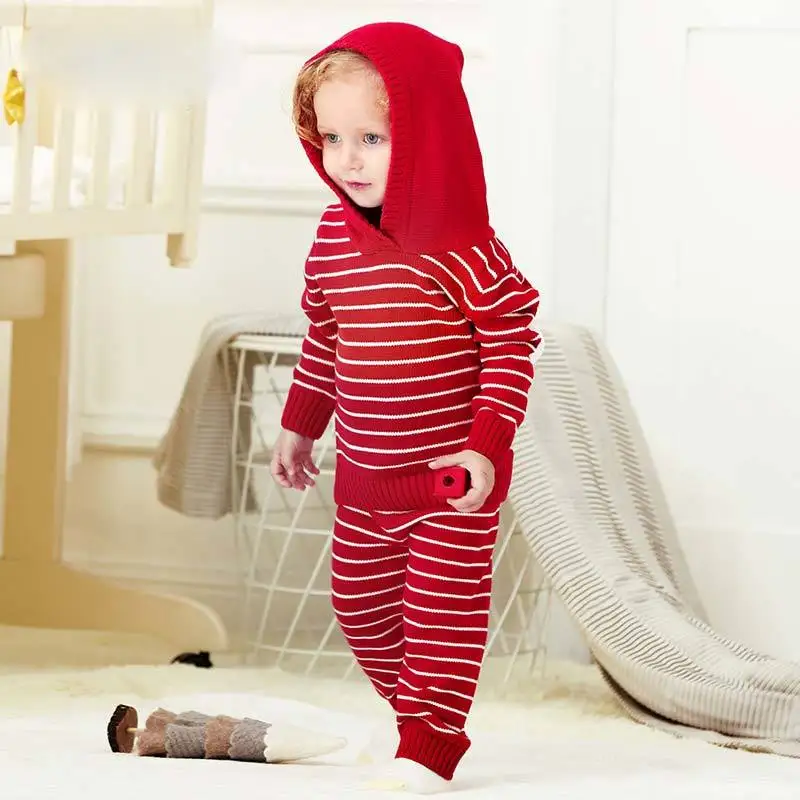 New Baby Girl Autumn Knitted Set Toddler Boy Striped Hooded Sweater+Elastic Waist Pants Warm Sport Suit 12M-3Y Kids Clothes Sets (5)
