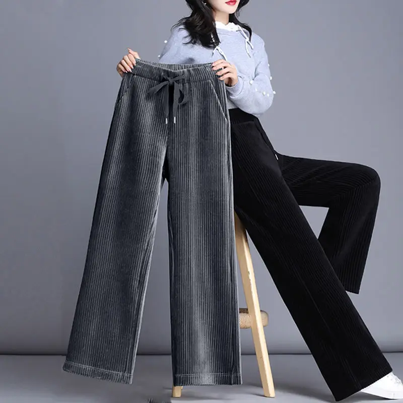 

Spring Autumn Corduroy Wide-leg Pants Women High Waist Warm Straight Leg Pants Woman Casual Loose Trousers Plus Size Loose Pants