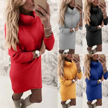 

Hot Sale Women's Fashion Long-sleeved Slim Undershirt Turtleneck Sweater Loose Dress dresses woman party night#45