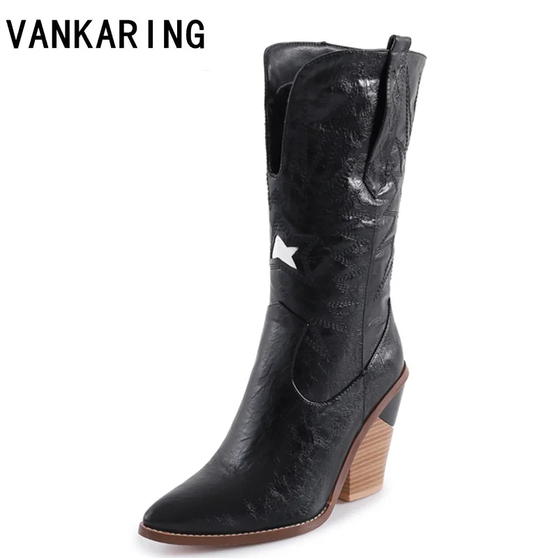 

new western cowgirl boots pointed toe Pu leather winter cowboy boots sexy high heel shoes woman ankle boots botas zapato mujer