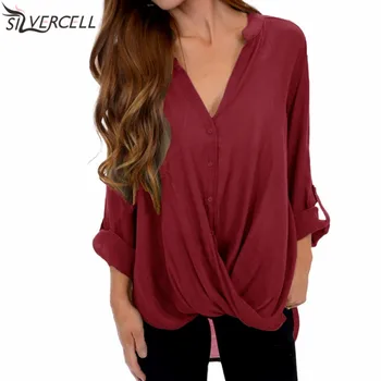 

Autumn Women Blouse New Solid Color Irregular Hem Blouse Fashion Sexy Deep V-neck Three Quarter Sleeved Female Simple Shirt